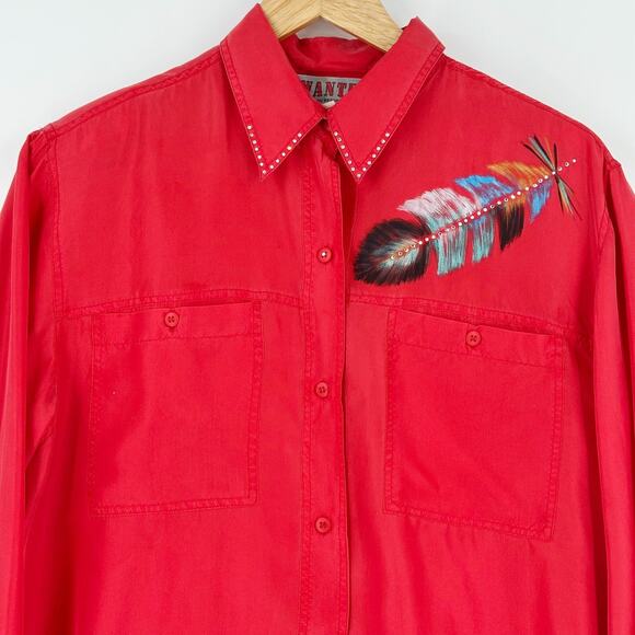 VTG 100% Silk Hand Painted Button Up Shirt Medium Boho Hippie Artsy Southwest - Picture 2 of 7
